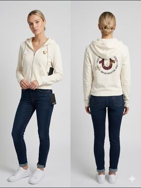 True Religion Cream Zip-Up Hoodie with Back Logo